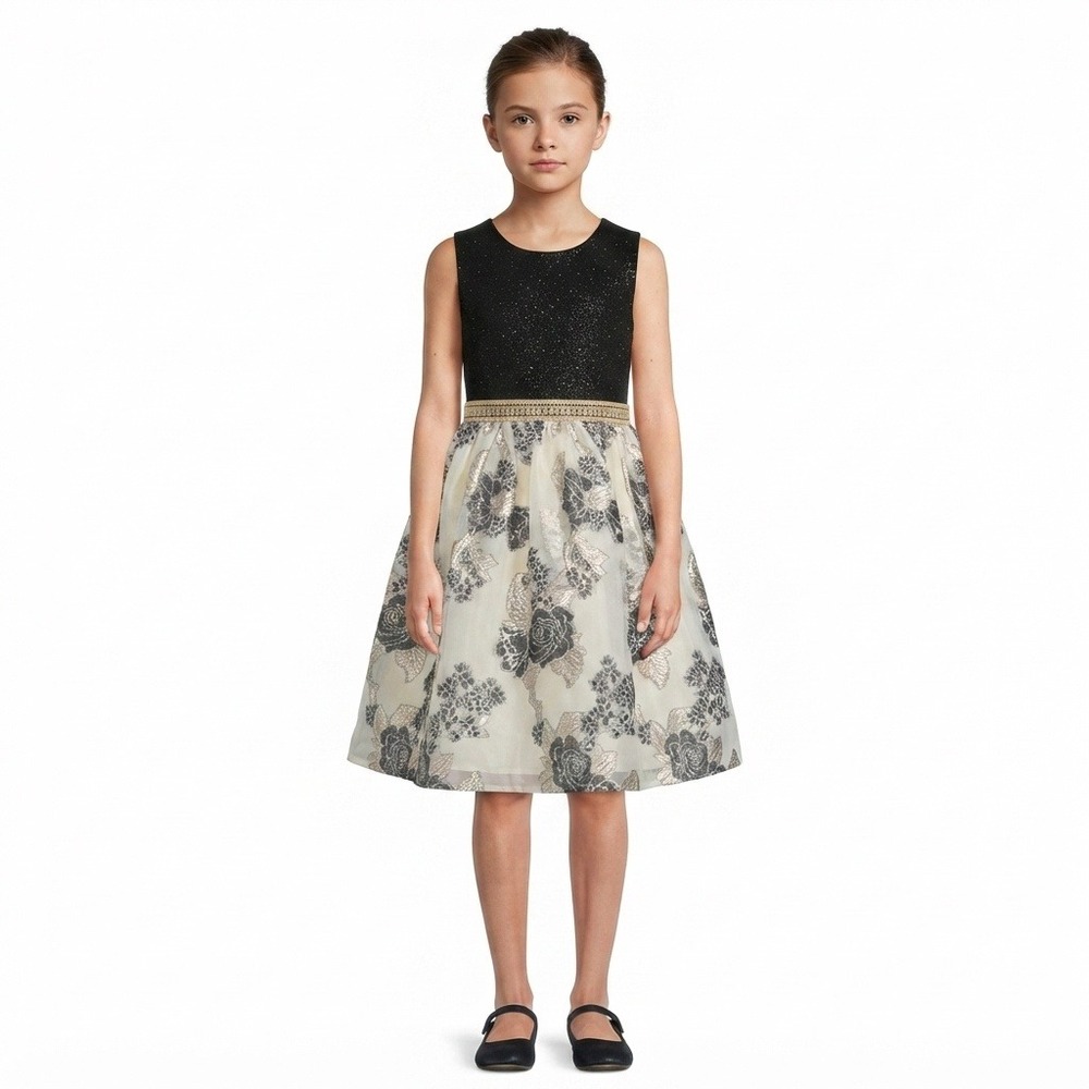 Bonnie Jean Dress Girls 16 Navy Blue Gold Metallic Floral Organza Party
